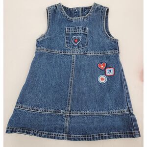 Oshkosh Overall Denim Dress Hearts Embroidered Button Up Back Sz 2T 90's Vintage
